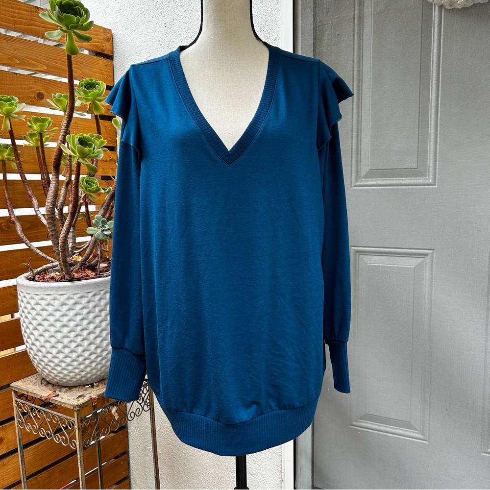 Torrid Pullover Sweater Feminine Quirky Flutter Long Sleeve V-Neck Blue Size 1